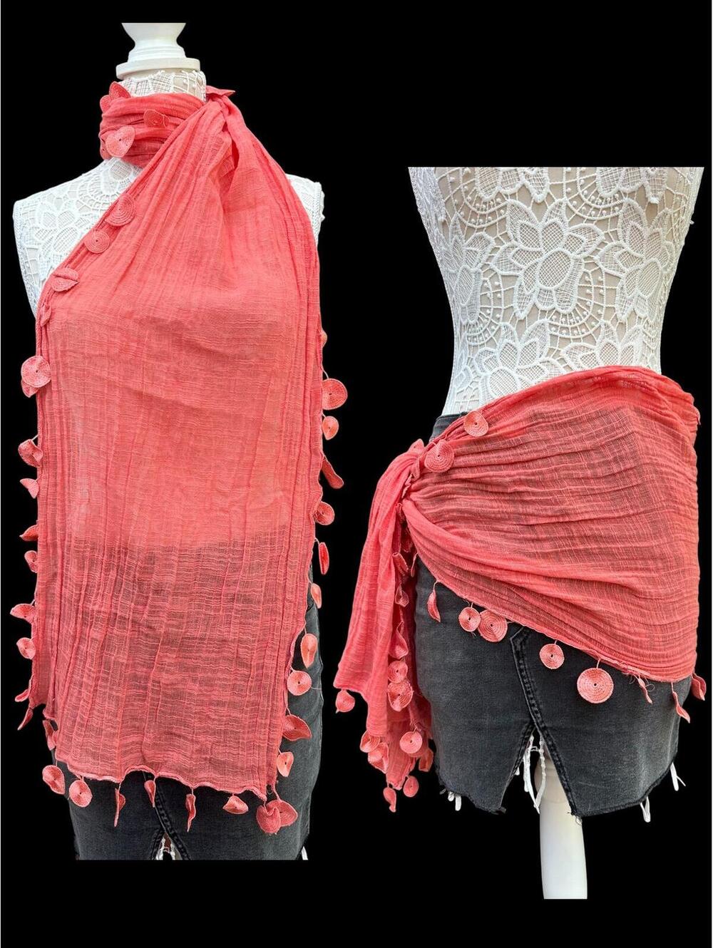Charming Charlie Bohemian Coral Pink Crochet Trim Scarf